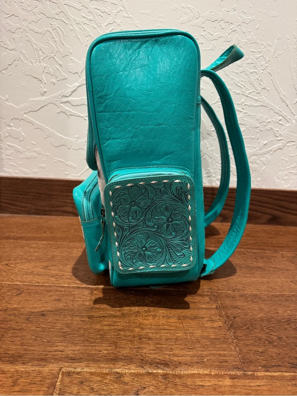 Western Linens Turquoise Cowhide Tooled Leather Backpack NWOT